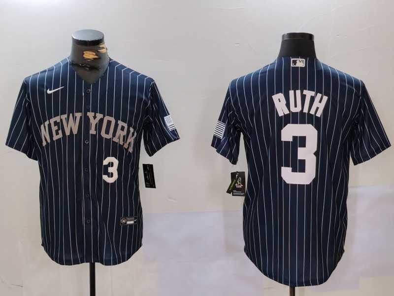Mens New York Yankees #3 Babe Ruth Navy Pinstripe Fashion Cool Base Jerseys